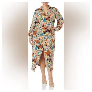 Terea Women's Riana Draped Crossover Midi Dress Adobe Crane print XL NWT